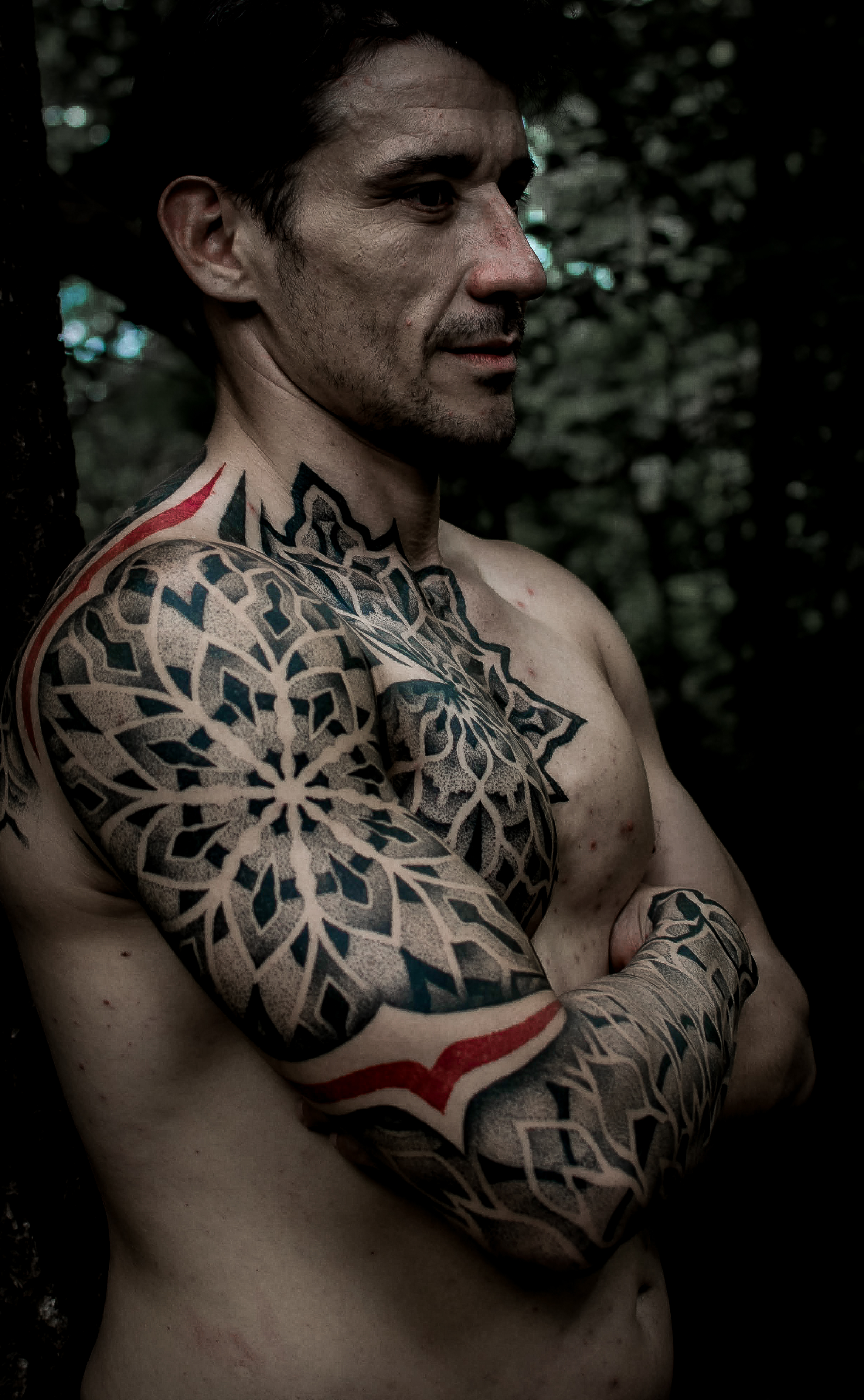 Geometric dotwork shoulder tattoo by Diego Juarez at Diroka Tattoo Studio